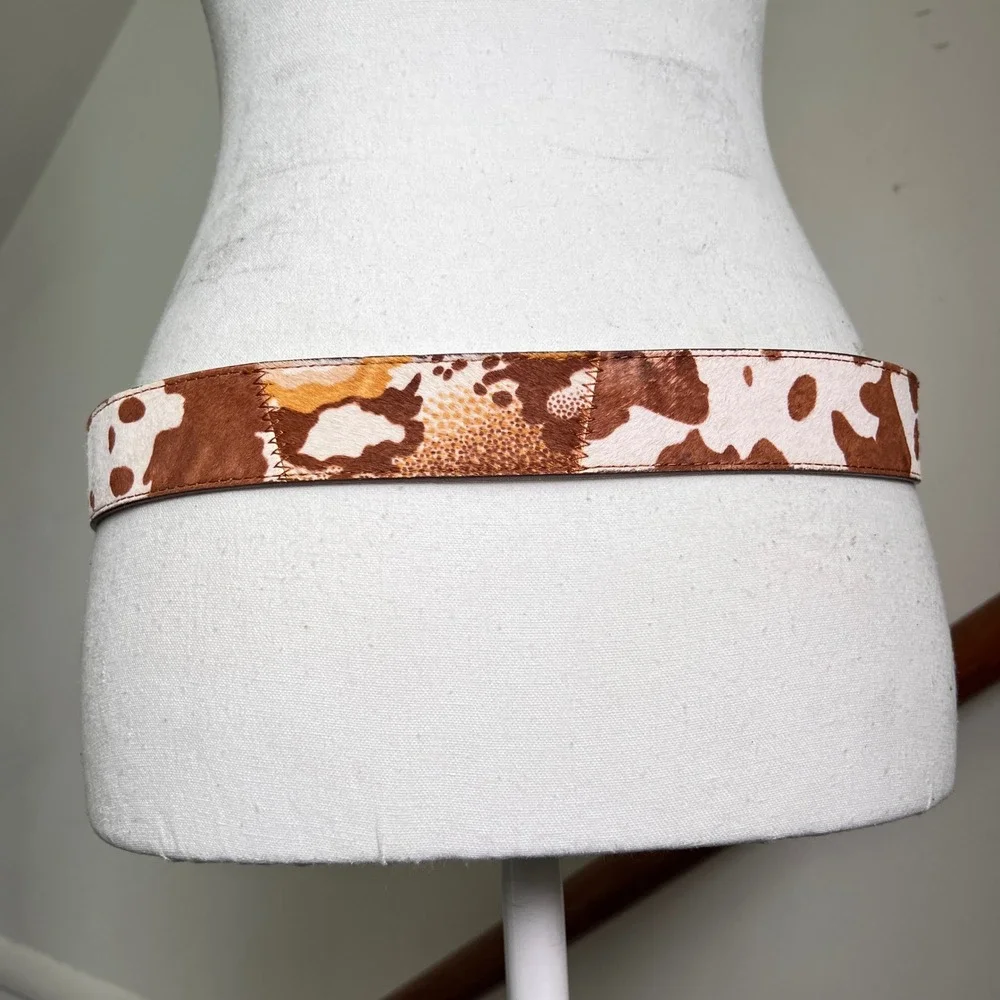 Vintage Cow Print Calf‎ Hair Belt Brown Gold White Patchwork Western Boho Rodeo